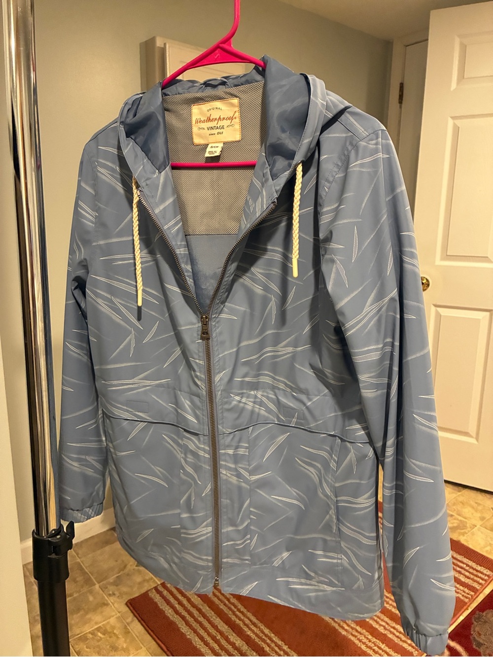 Weatherproof Woman's Blue Hooded Rain Jacket with White Stripe Print